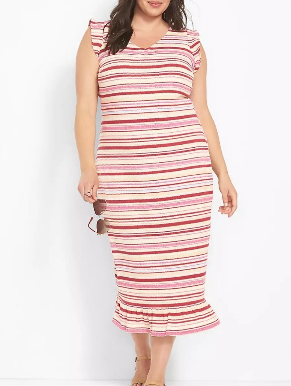 NWT Lane Bryant Cap Sleeve Ruffle Body Con Midi Dress With Multi Stripe